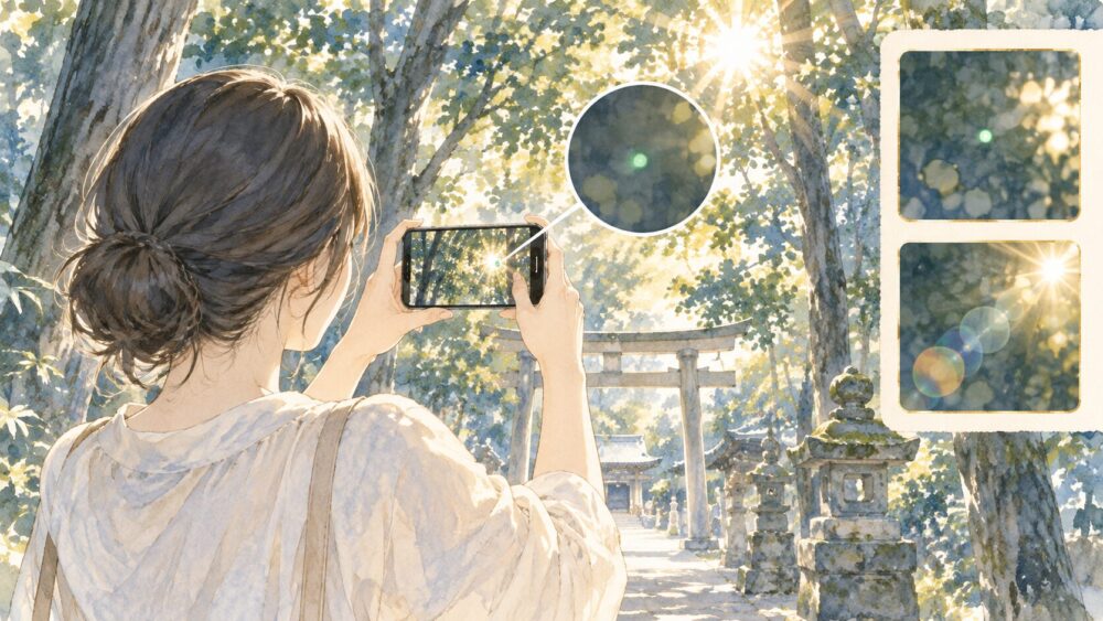 神社の木立でスマートフォンに写った緑の点と光の反射を確かめる女性