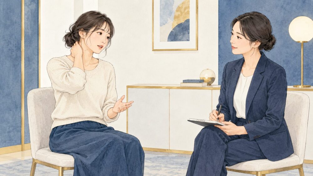机を挟んで話を聞き、相談者の言葉に耳を傾けるカウンセラー。