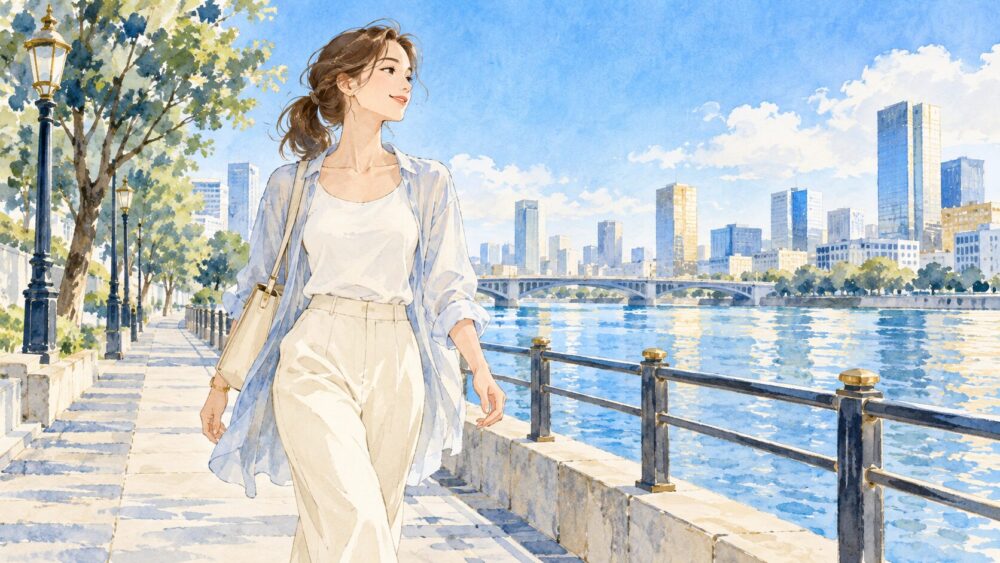 首をいたわりながら、青空の下をゆっくり歩く女性。