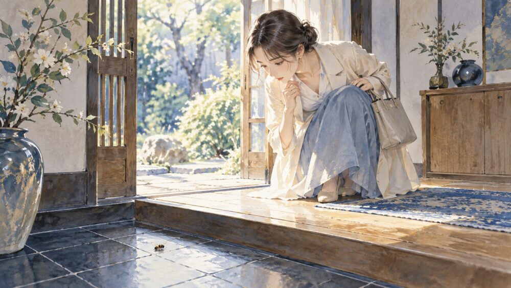 玄関の敷居近くにある蜂の死骸を見つけた女性。