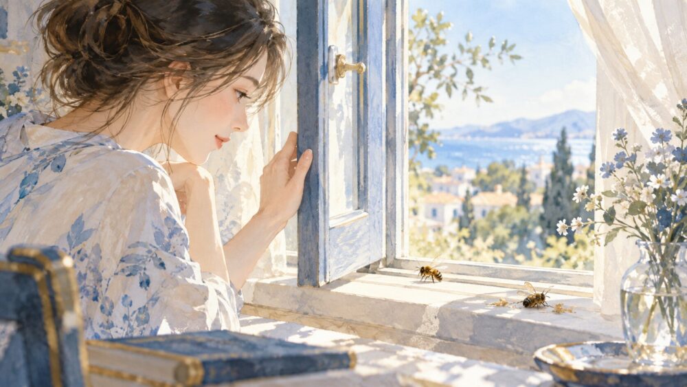 窓際で弱った蜂を静かに見守り、外へ逃がそうとする人。