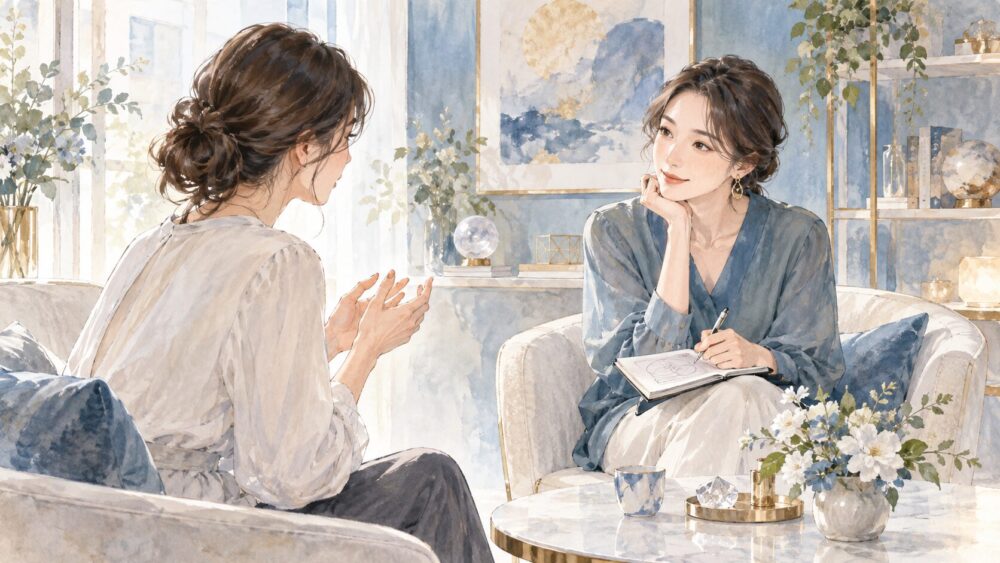 相談者の話を聞きながら、人生の転機を一緒に整理する女性カウンセラー。