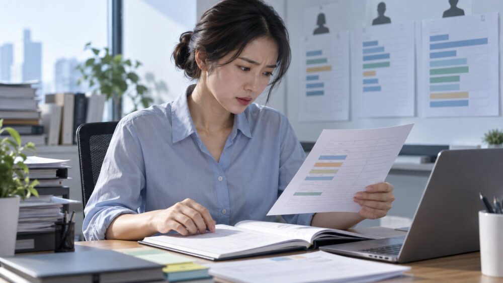 業務記録を確認し、不均衡な扱いに気づく社員。