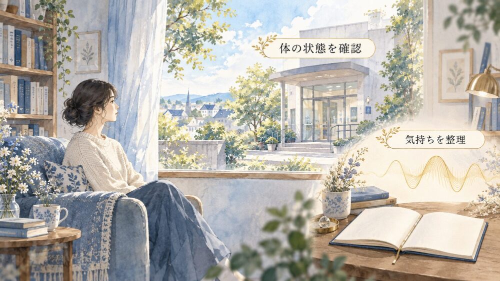 咳の後に一息つく女性。医療機関で体の状態を確認し、自分の気持ちも整理する場面。