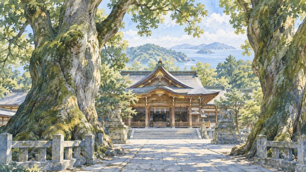 大山祇神社の社殿と大楠