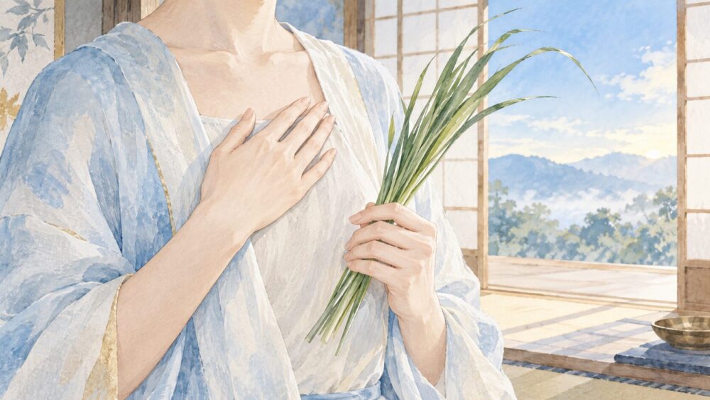 パルマローザを手に持つ女性の胸元