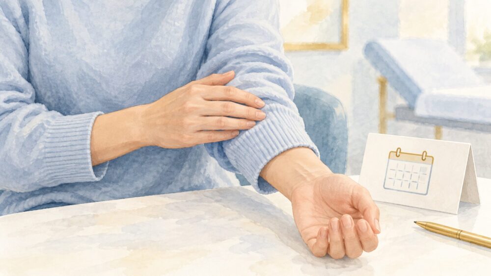 袖をまくった腕をやさしく確かめる様子