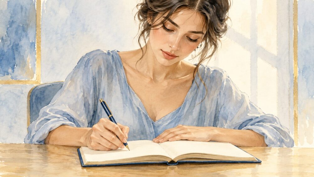 窓辺でノートに自分の感情を書き出す女性