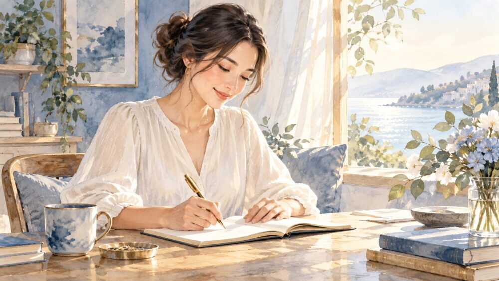 ノートに未来の目標を書き出す女性