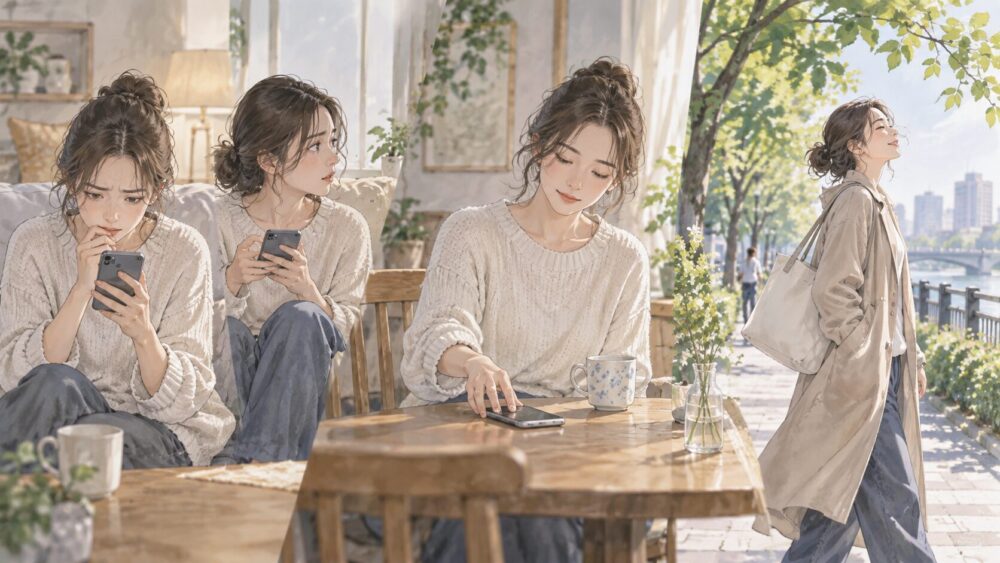 スマートフォンから離れ、散歩に出て気持ちを切り替える人。