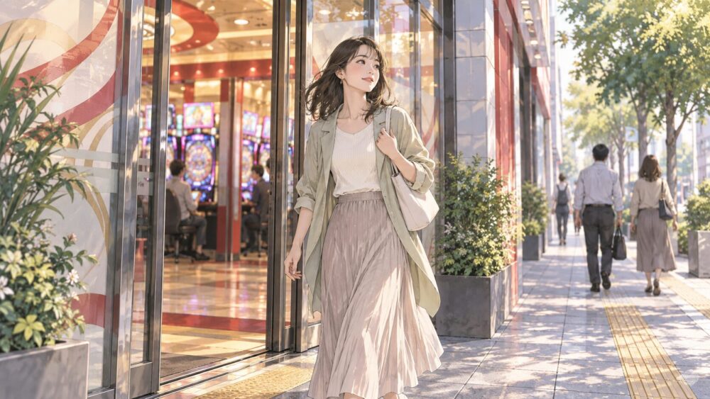 店内の光を背に、パチンコ店を出て歩き出す人。