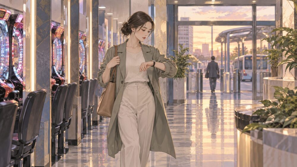 時刻を確認し、遊技施設から駅へ向かう人。