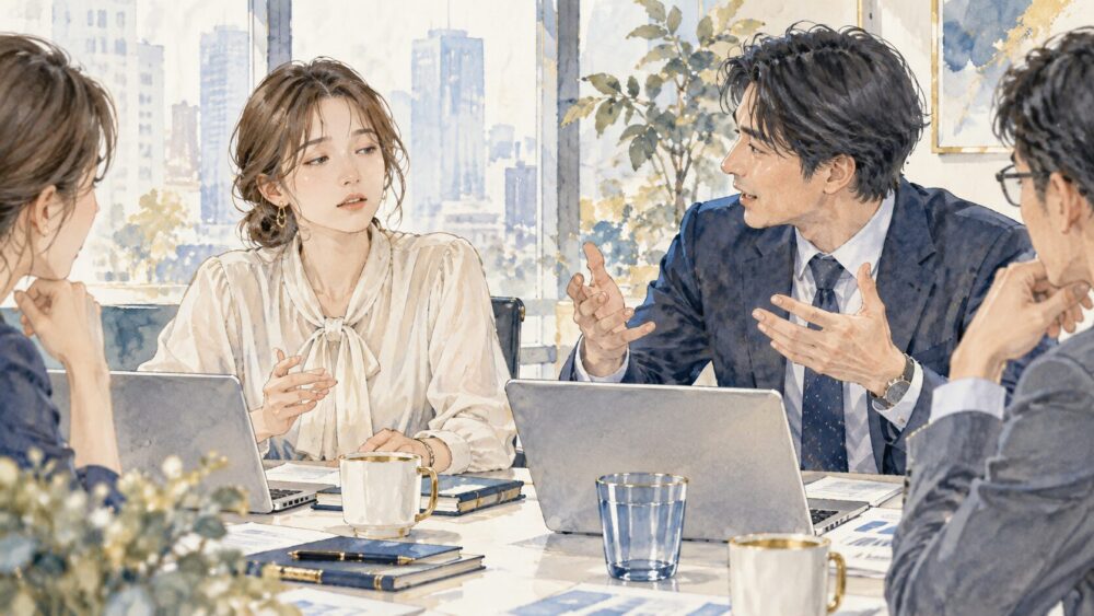 会議中に同僚の発言へすぐ反論する男性と戸惑う女性