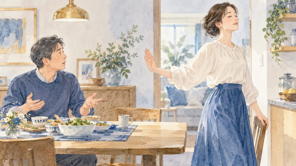 食卓で相手の話を聞き、会話を区切る合図をする女性
