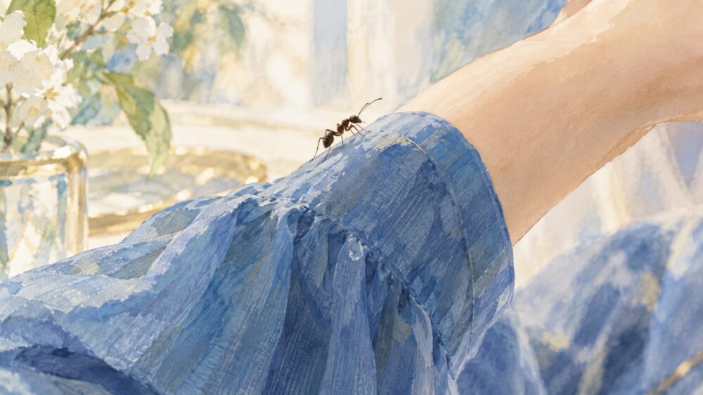 腕を一匹だけゆっくり登る蟻を、女性がそっと見つめる。