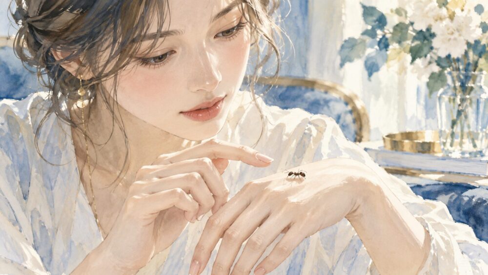 手の甲に止まった蟻を確認する女性の手元。