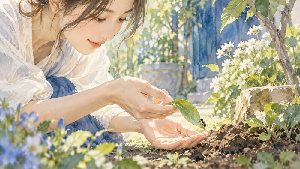 手に止まった蟻を葉に移し、庭の土へそっと返す女性。