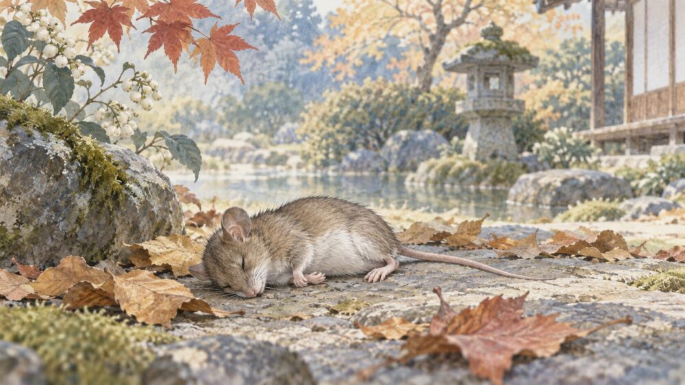 落ち葉のそばで静かに横たわるネズミの死骸。