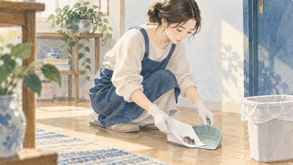 手袋とちりとりを使い、ネズミの死骸を安全に片付ける人。