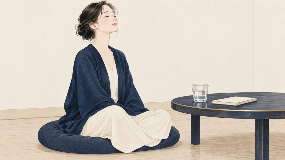 水とノートをそばに置き、静かに呼吸を整える女性。