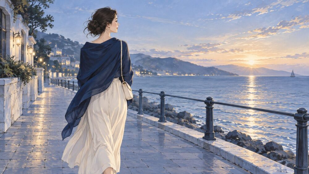 青い夜明けの海沿いを歩く女性。