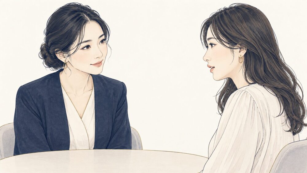 机を挟んで穏やかに話を聞く二人の女性。