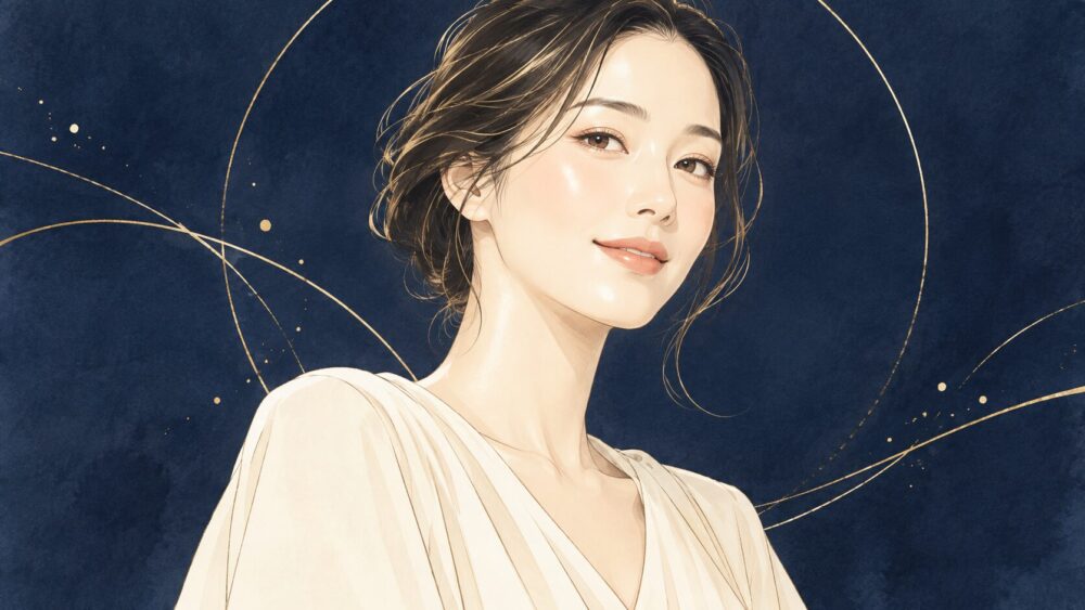 柔らかな光を受けて穏やかな表情を見せる女性。