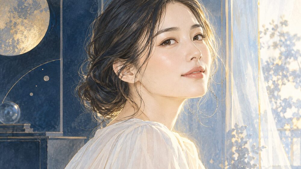 自然な反射光を受け、頬や髪に淡い光が差す女性の横顔。
