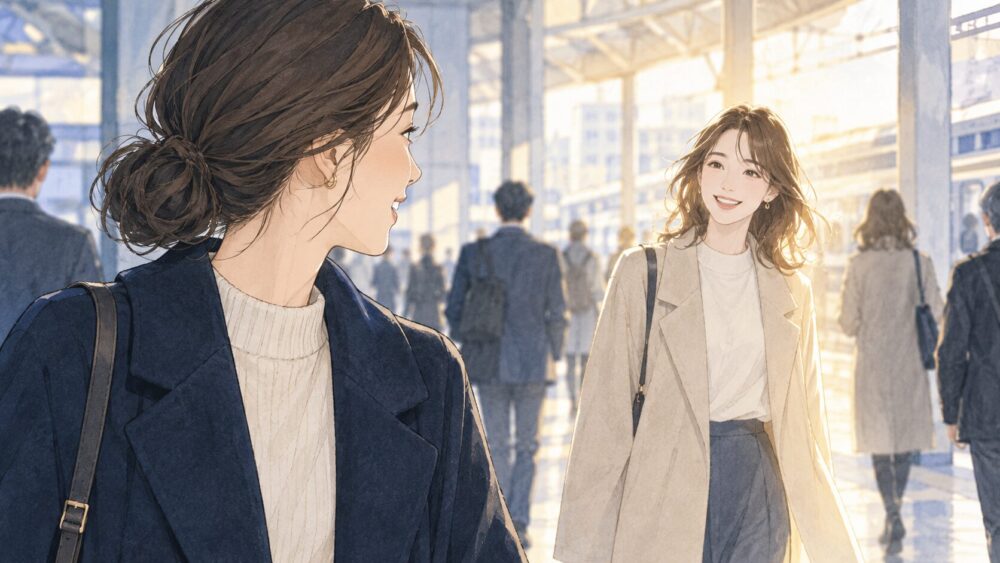 駅の人混みの中で、明るく見える知人に気づく女性。