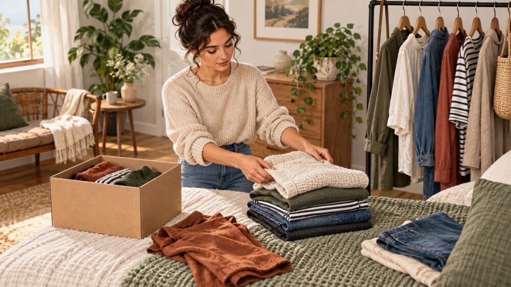 残す服を畳み、手放す服を箱に分けて整理する女性。