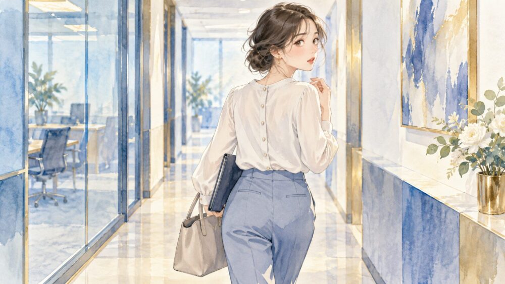 背中にボタン列が見える逆向きのブラウスを着て振り返る女性