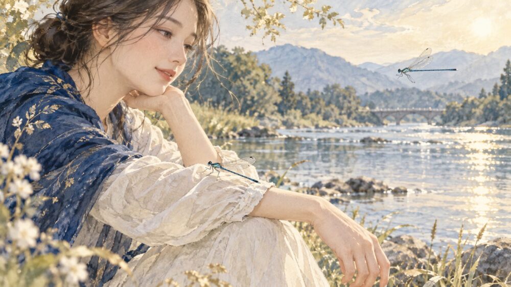 袖にとまるイトトンボと、水辺を飛ぶもう一匹を見つめる女性。