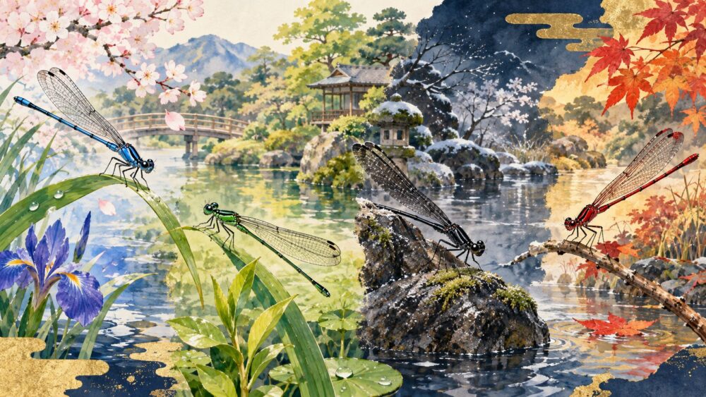 青・緑・黒・赤のイトトンボを、それぞれの色が持つ意味とともに描いた情景。