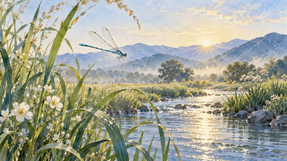 水辺を飛ぶイトトンボと、幸運の兆しを象徴する朝の光。