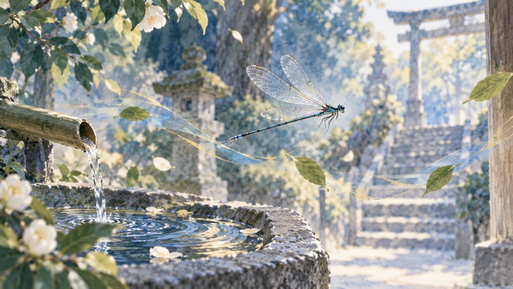 神社の手水鉢のそばを飛び、清らかな風を運ぶイトトンボ。