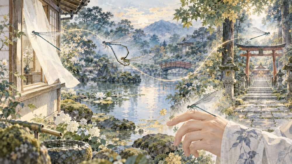 家の窓辺、つがい、手元、神社で見かけるイトトンボの情景。