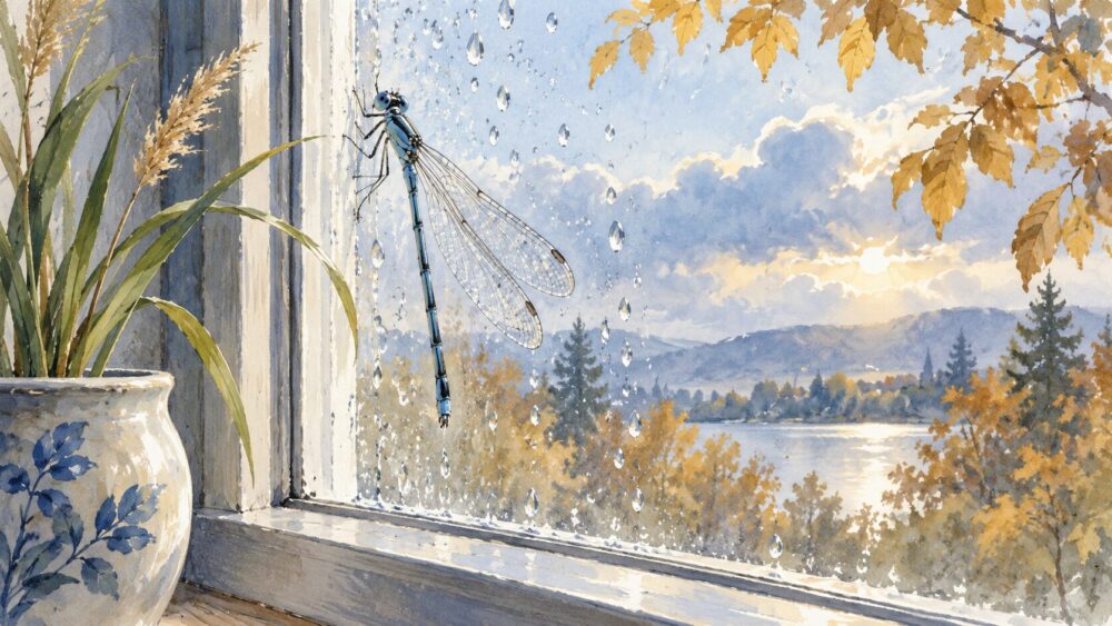 秋色の窓辺に季節外れのイトトンボがとまり、雨上がりの空が明るくなる情景。