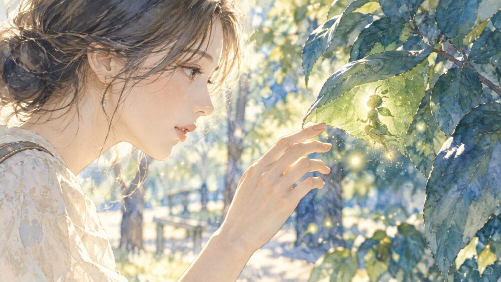 葉の裏の小さな緑の妖精に気づき、手を近づける女性