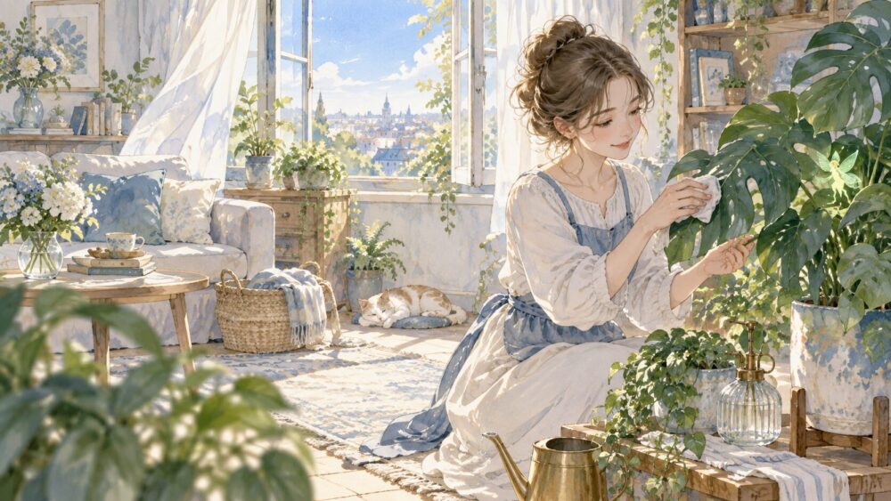 観葉植物の葉を拭きながら部屋を整える女性