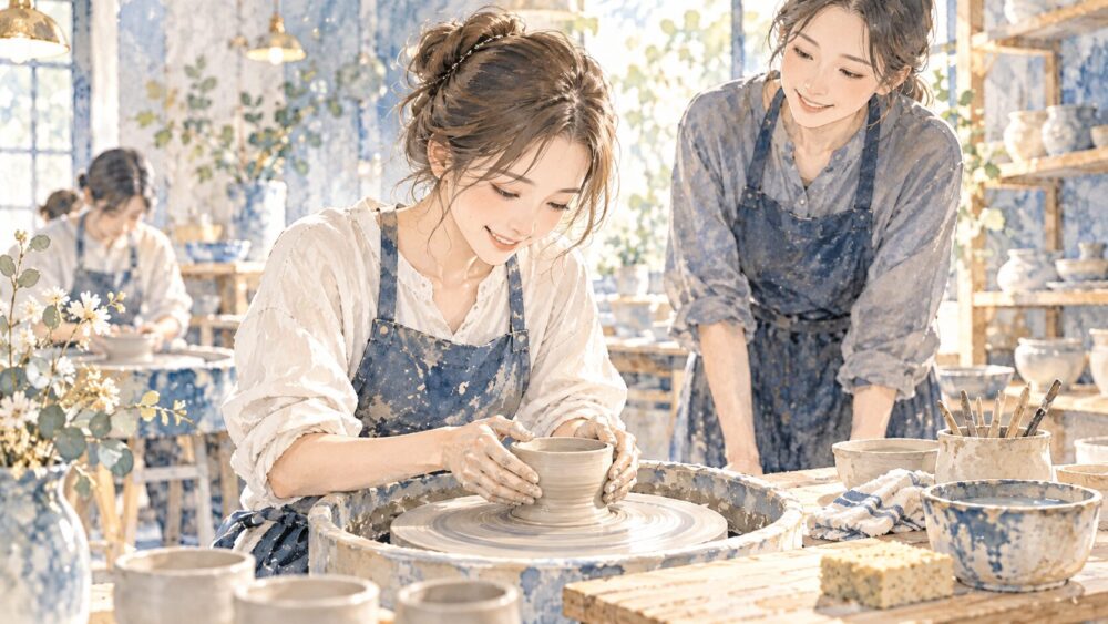 陶芸教室でろくろを回し、新しい興味を試す女性