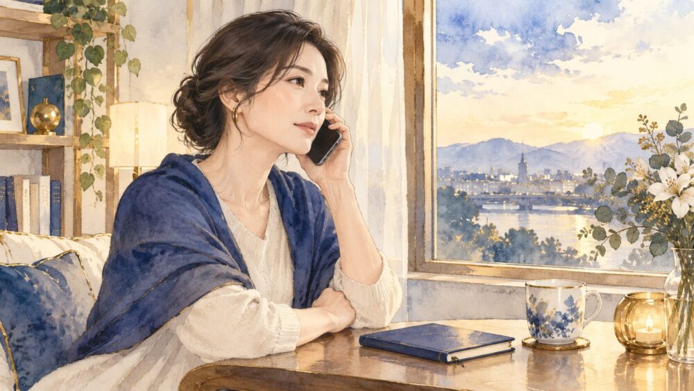 窓辺で電話相談をしながら思いを整理する女性。