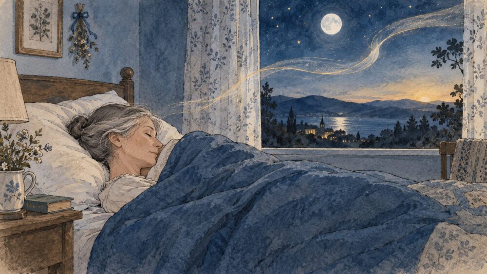 月明かりの窓辺で眠る女性と、静かな夜明けの空。