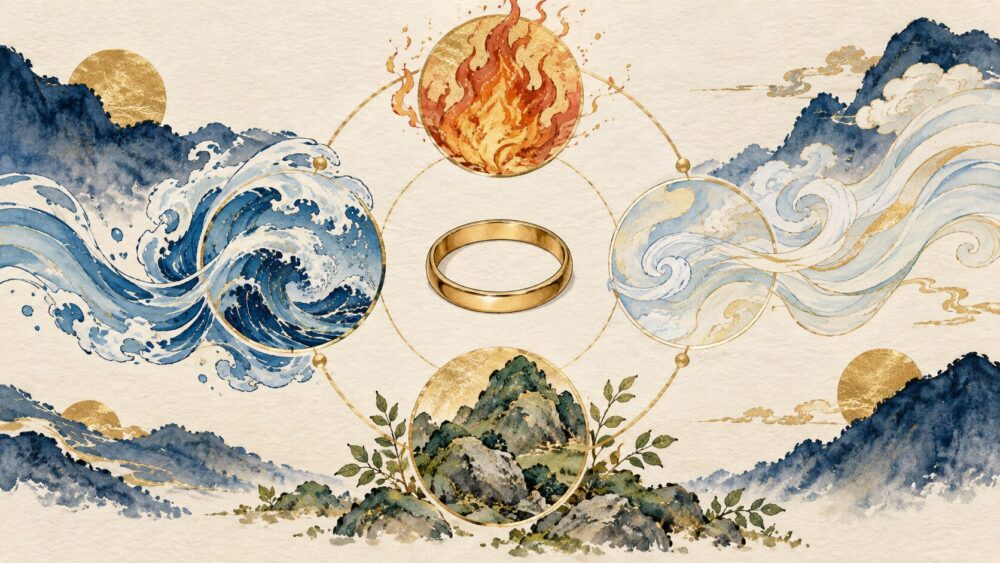 火・水・風・地の象徴を結婚指輪の周りに配した四元素の図。
