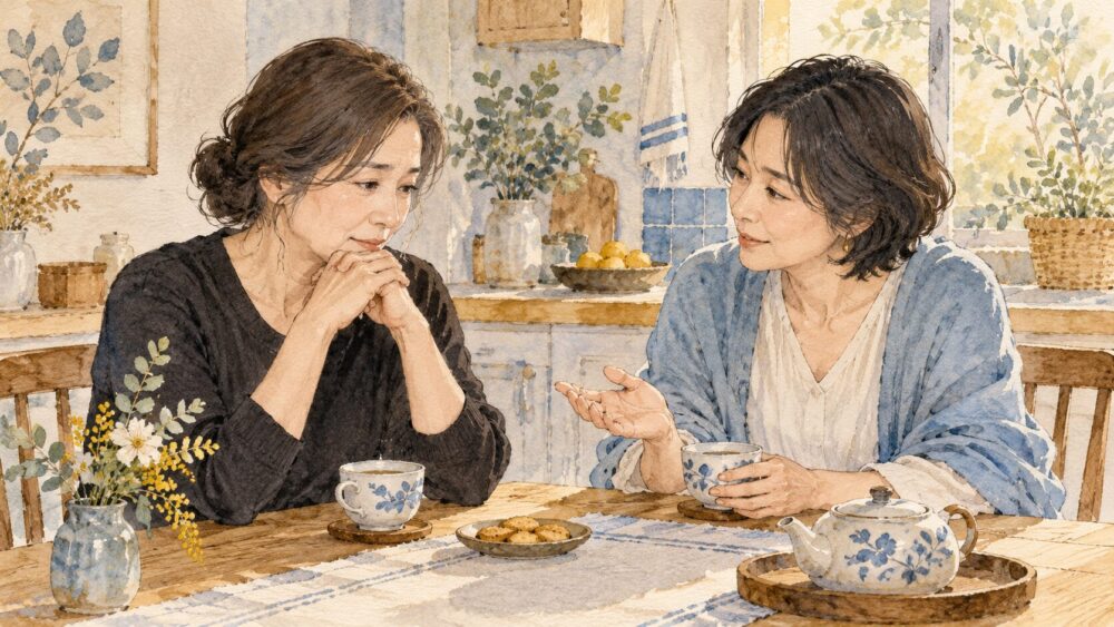 悲しみを抱える女性の話に耳を傾ける友人。
