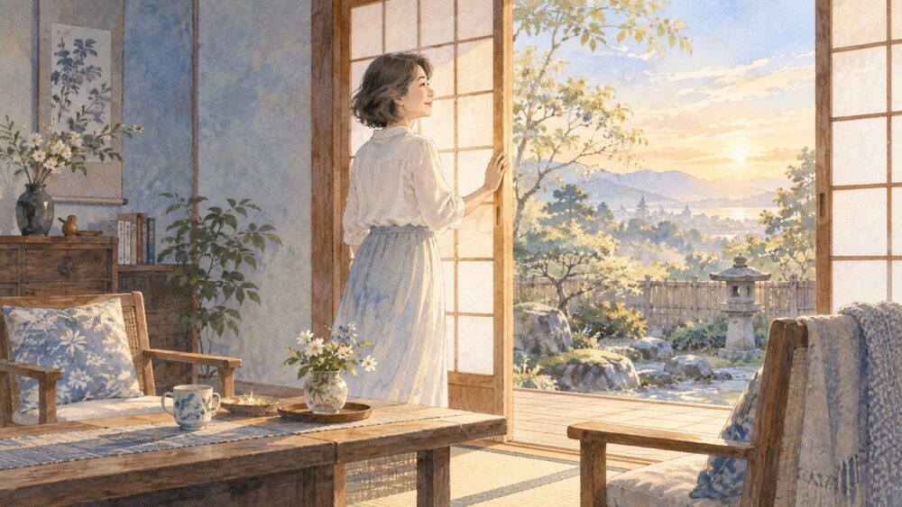 障子を開けて朝の庭を眺め、これからの一日を迎える女性。