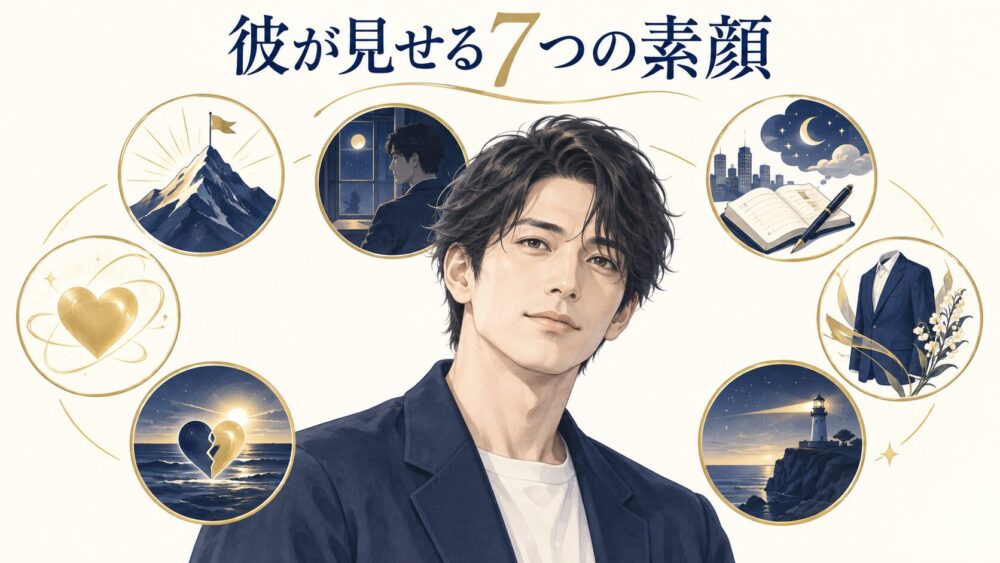 中央の男性を囲む7つの象徴アイコンで、彼が見せるさまざまな素顔を表した図解。