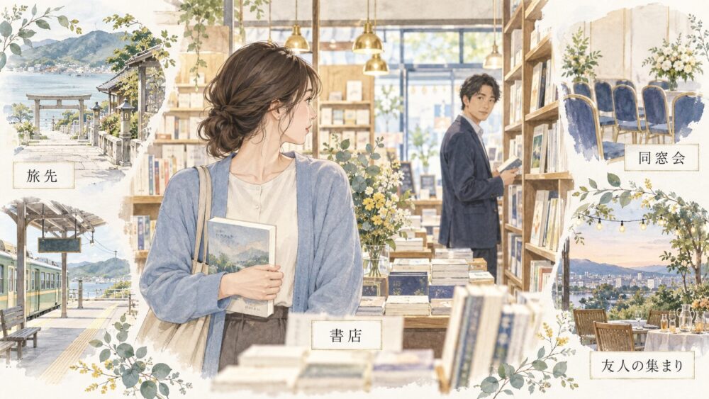 書店、旅先、同窓会、友人の集まりなど、体験談に描かれる再会の場面。