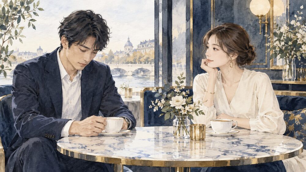 会話の途中で口数が減った男性と、落ち着いて相手の様子を見る女性。