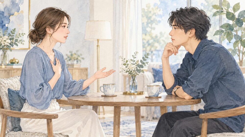 カフェで落ち着いて自分の境界線を伝え、相手と話し合う成人女性。