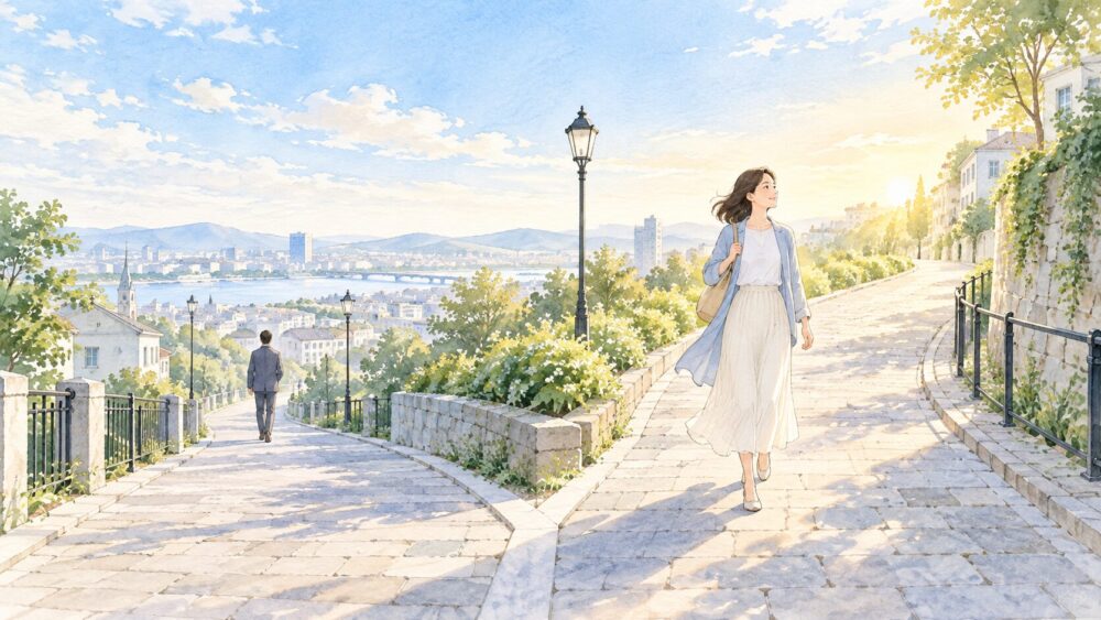 朝の分岐路で自分の道を選び歩き出す女性と、遠ざかる男性。